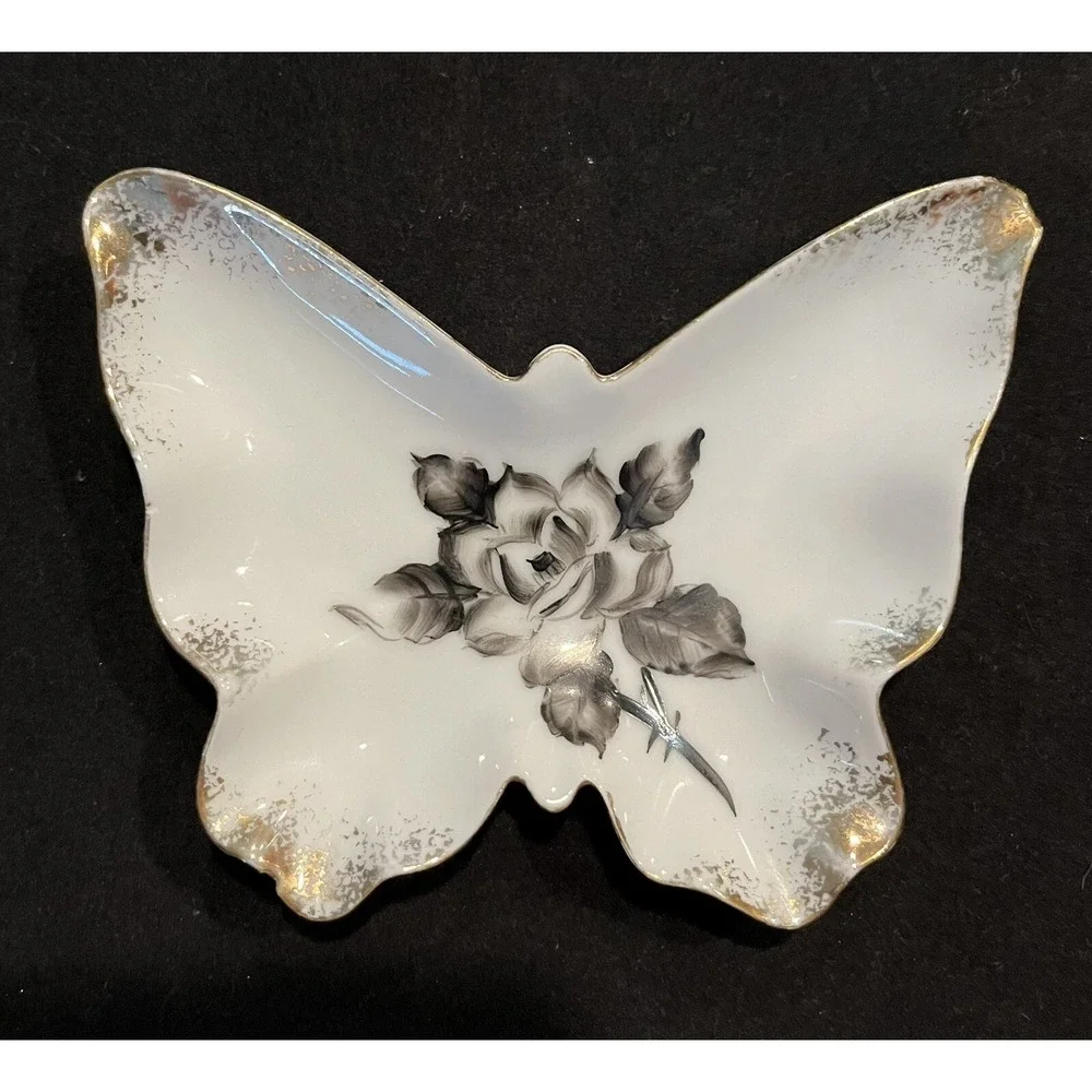 Lefton Butterfly Trinket Dish Set Of 2 Black, White & Gold Floral Design